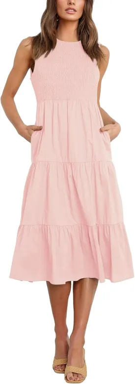 Atizon Womens Summer Sleeveless Dresses with Pockets Smocked Tiered Midi Beach Sundress