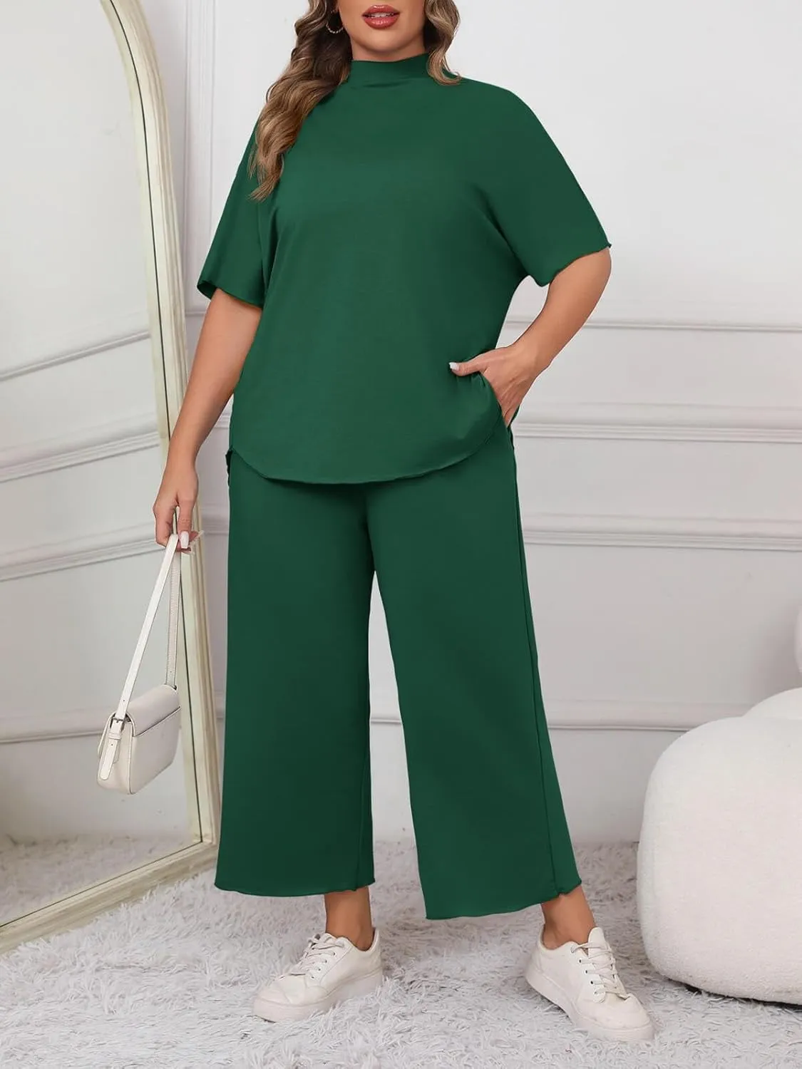 Beautife Women's Plus Size 2 Piece Outfits 3/4 Batwing Sleeve Capelet Crew Neck Pullover Top Wide Leg Pants Lounge Set