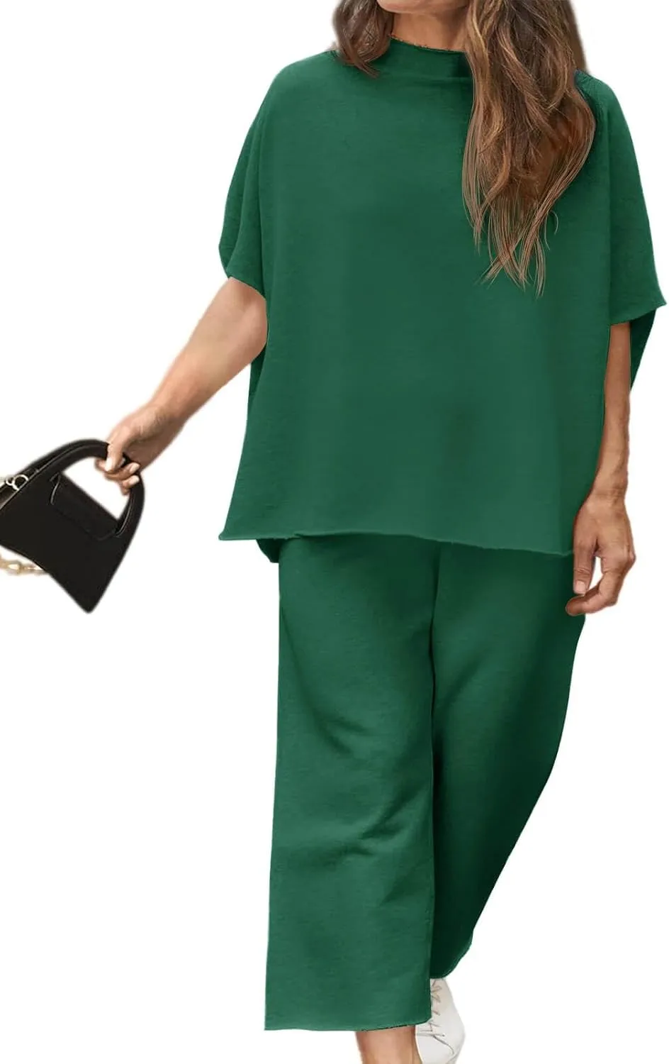 Beautife Women's Plus Size 2 Piece Outfits 3/4 Batwing Sleeve Capelet Crew Neck Pullover Top Wide Leg Pants Lounge Set