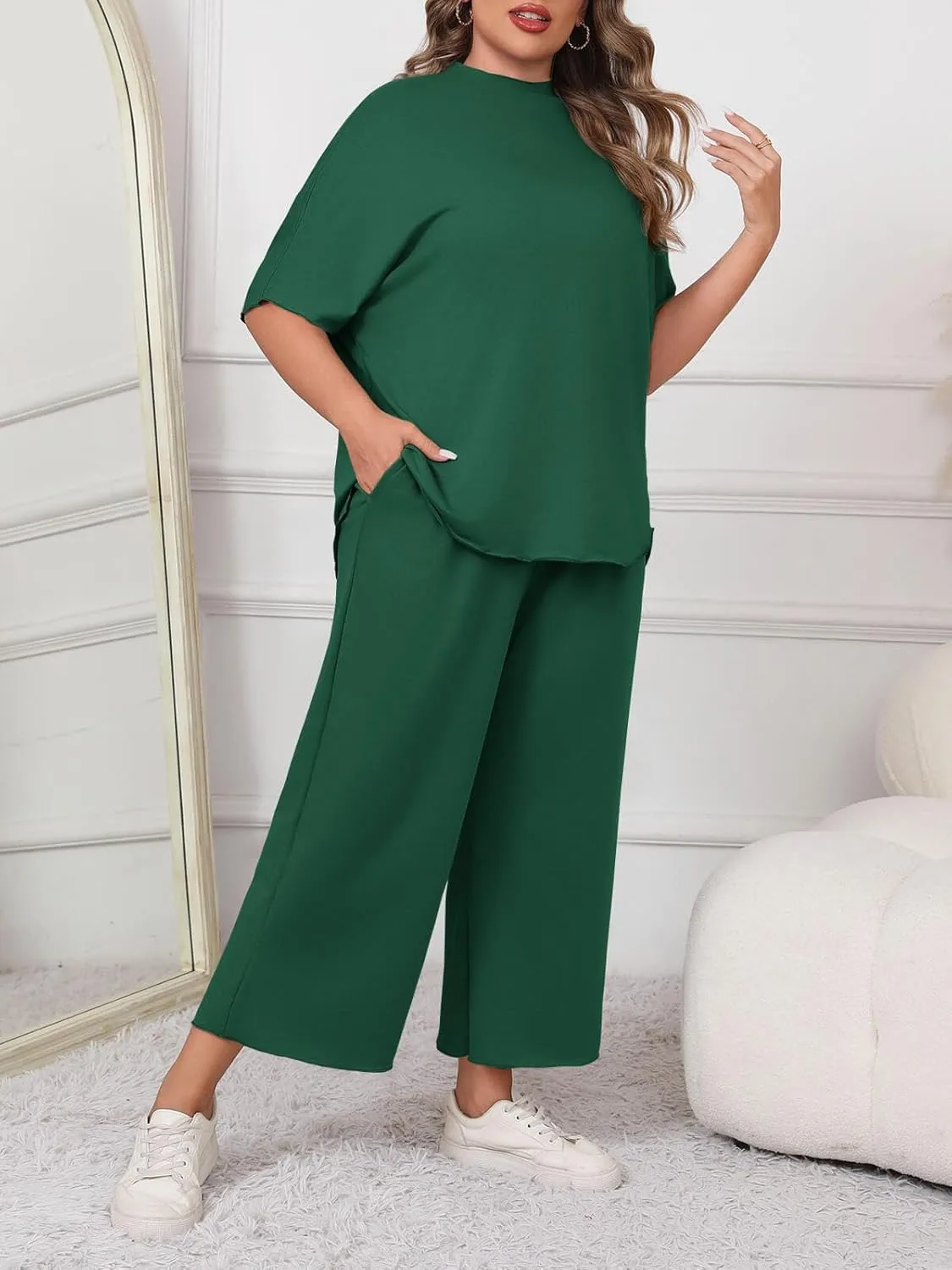 Beautife Women's Plus Size 2 Piece Outfits 3/4 Batwing Sleeve Capelet Crew Neck Pullover Top Wide Leg Pants Lounge Set