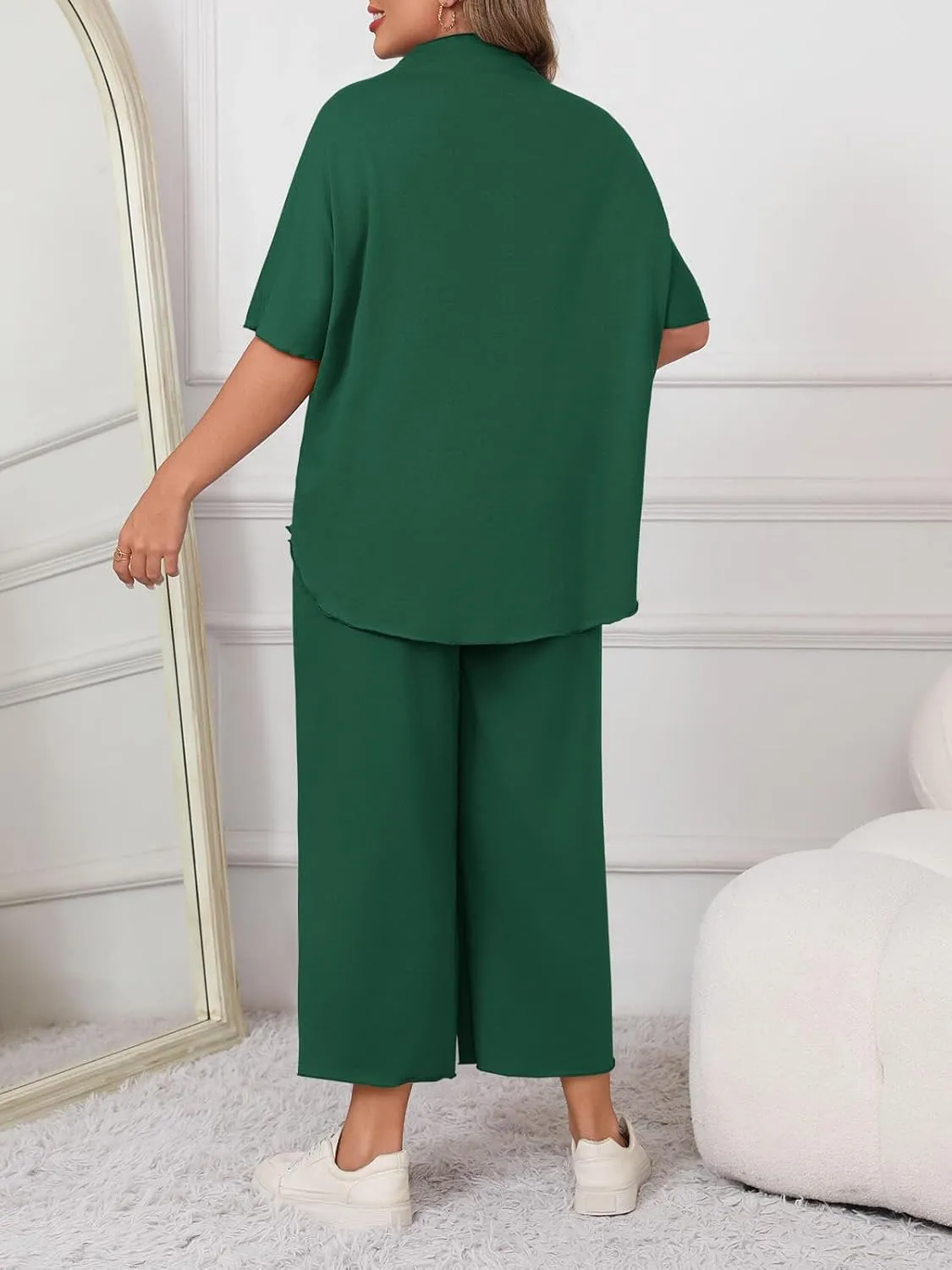 Beautife Women's Plus Size 2 Piece Outfits 3/4 Batwing Sleeve Capelet Crew Neck Pullover Top Wide Leg Pants Lounge Set