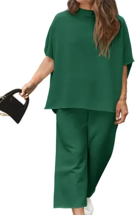 Beautife Women's Plus Size 2 Piece Outfits 3/4 Batwing Sleeve Capelet Crew Neck Pullover Top Wide Leg Pants Lounge Set