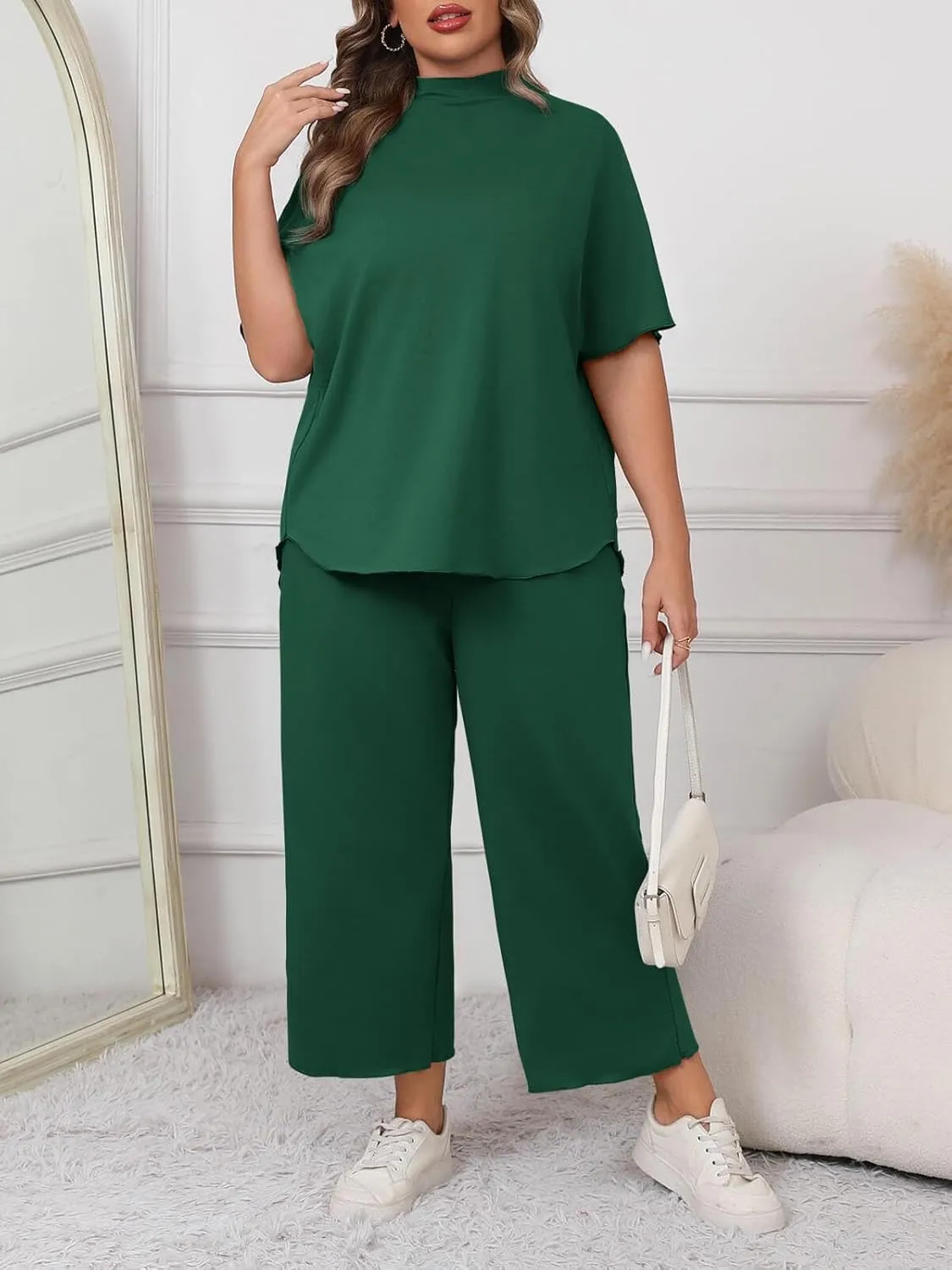 Beautife Women's Plus Size 2 Piece Outfits 3/4 Batwing Sleeve Capelet Crew Neck Pullover Top Wide Leg Pants Lounge Set