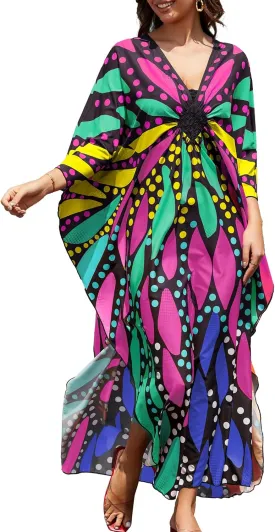 Bsubseach Kaftan Dresses for Women Plus Size Bathing Suit Cover Up V Neck Long Beach Caftan Dress