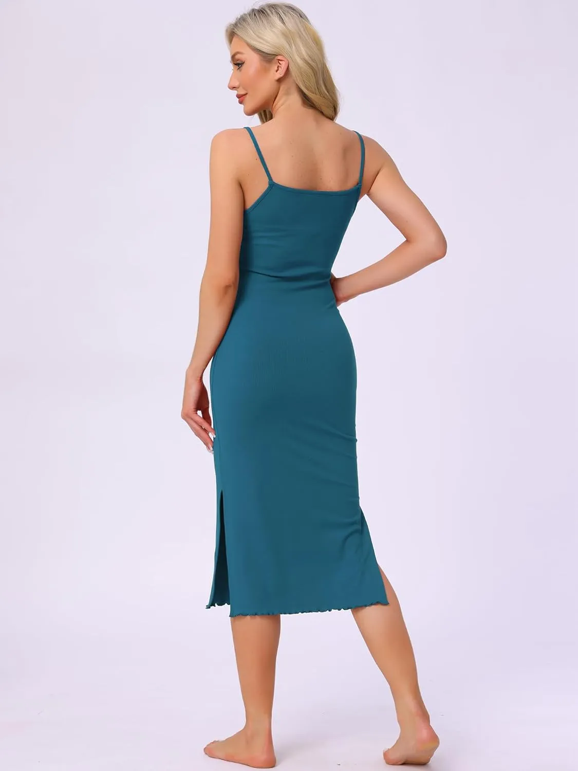 cheibear Womens Summer Sleeveless Nightgowns Bodycon Ribbed Knit Split Slit Spaghetti Strap Midi Lounge Pajama Dress