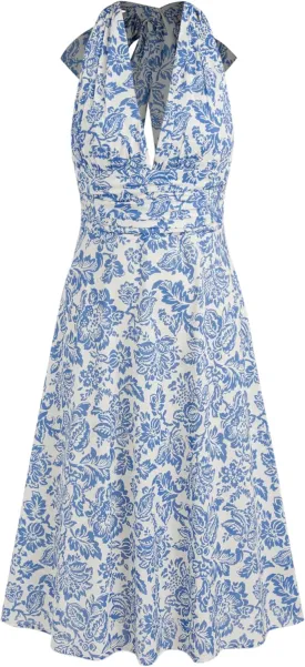 CIDER Santorini Beach Vacation V-Neck Halter Backless Floral Ruffle Midi Dress
