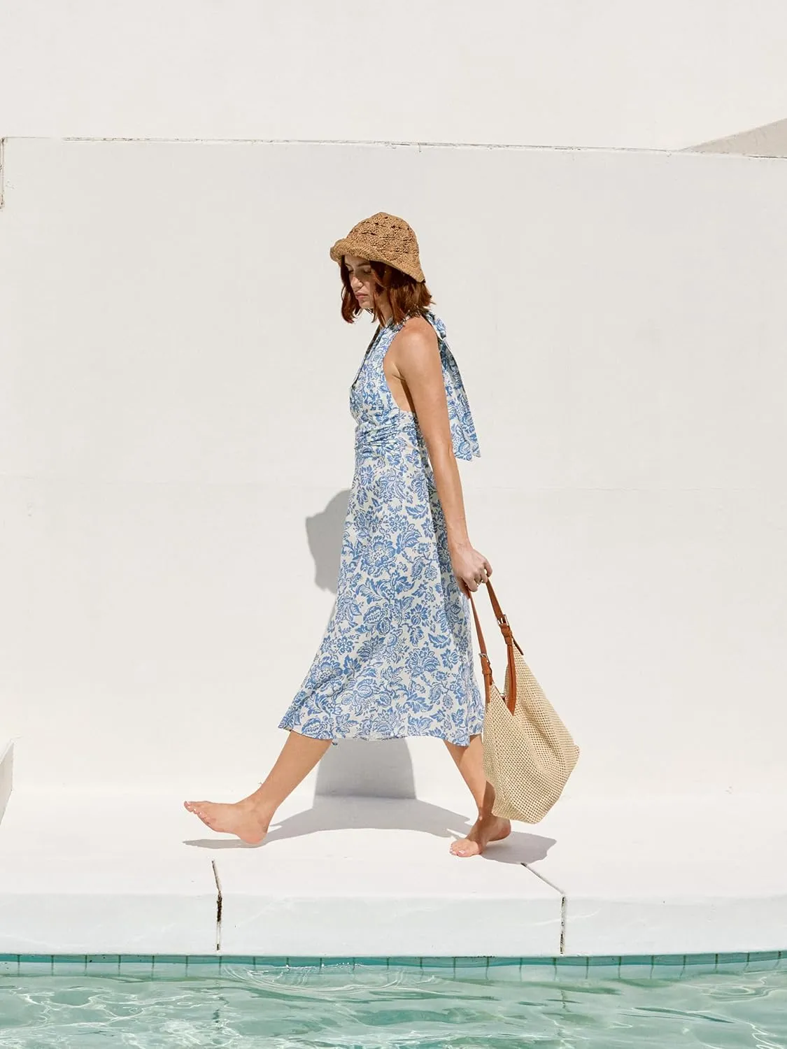 CIDER Santorini Beach Vacation V-Neck Halter Backless Floral Ruffle Midi Dress