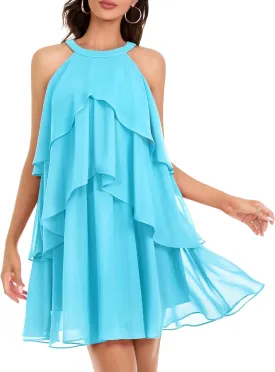 DRESSTELLS Women's Casual Halter Ruffle Tiered Dresses, Beach Wedding Cocktail Party Mini Sundress