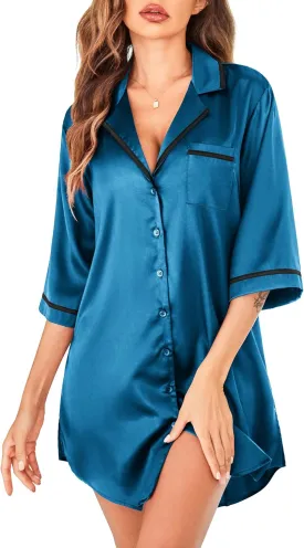 Ekouaer Women's Nightgown Silk Sleep Shirt Satin Button Down Nightshirt 3/4 Sleeve Notch Collar Sleepwear S-XXL
