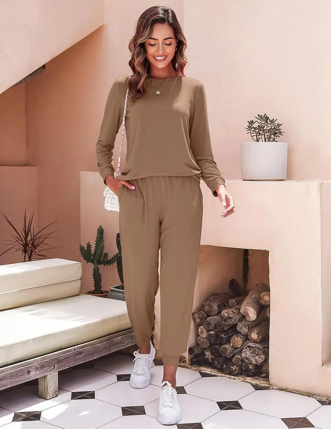 Ekouaer Women's Pajama Sets Casual 2Pcs Sleepwear Long Sleeve Pullover Tops Long Joggers Pants with Pockets