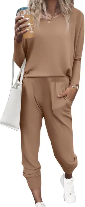 Ekouaer Women's Pajama Sets Casual 2Pcs Sleepwear Long Sleeve Pullover Tops Long Joggers Pants with Pockets