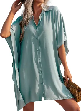 Ekouaer Women's Swimsuit Cover Up 3/4 Sleeve Beachwear Bikini Coverups Button Down Oversized Cover Up Shirt S-3XL