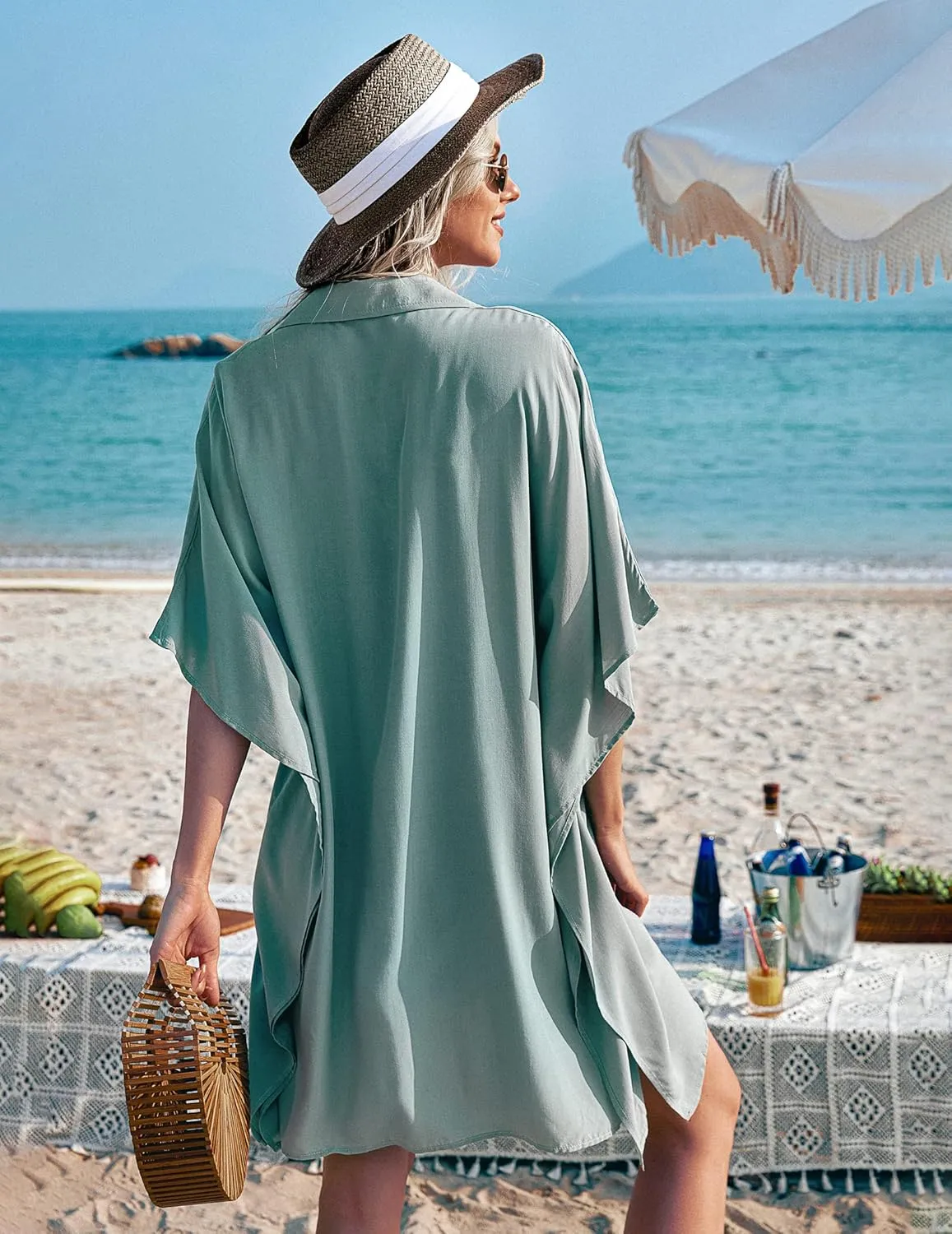 Ekouaer Women's Swimsuit Cover Up 3/4 Sleeve Beachwear Bikini Coverups Button Down Oversized Cover Up Shirt S-3XL