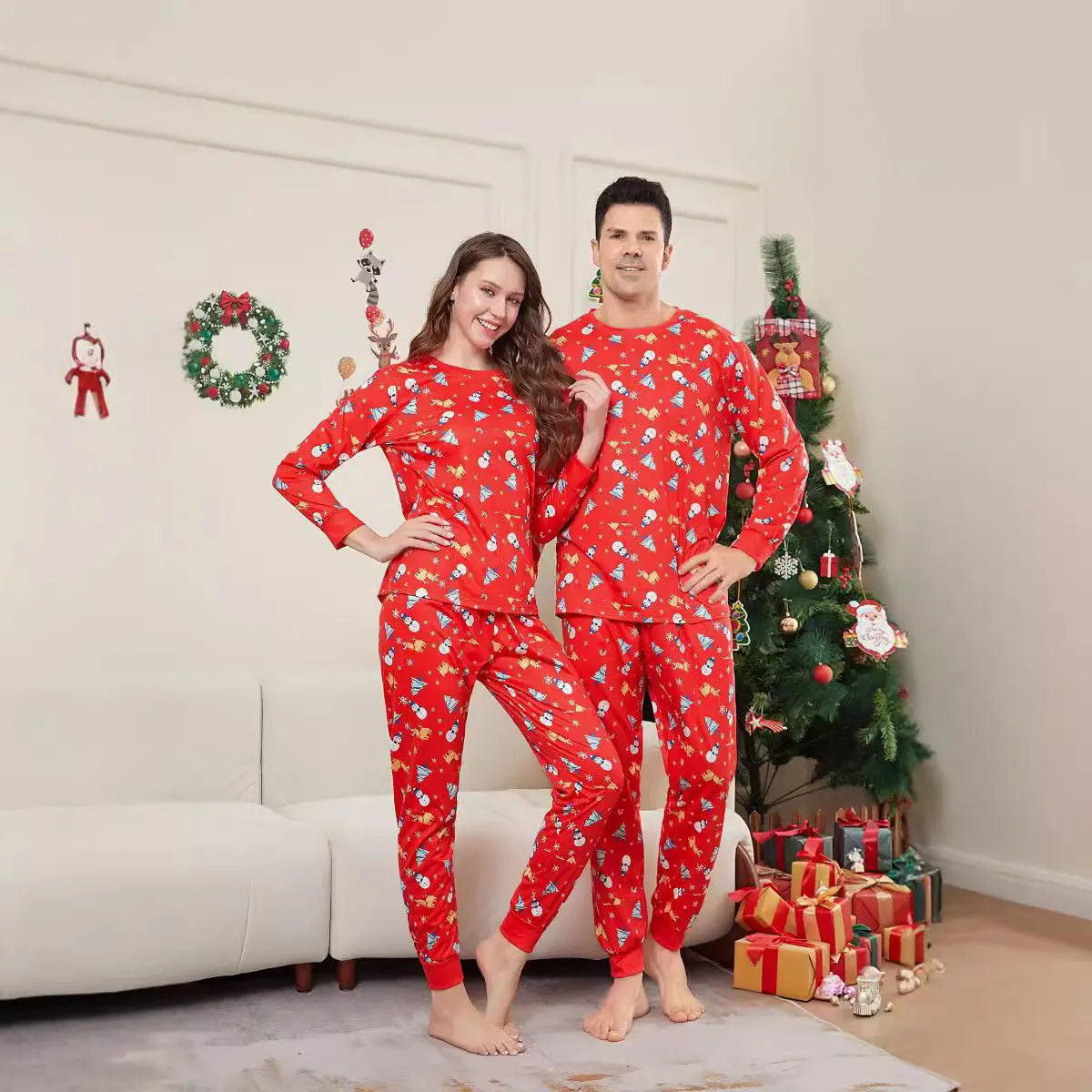 Family Parent-Child Christmas Tree Snowman Deer Printed Pajamas Set