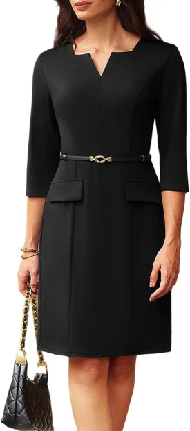 GRACE KARIN 2025 Women's 3/4 Sleeve Business Work Dress V Neck Bodycon Sheath Dress with Belt