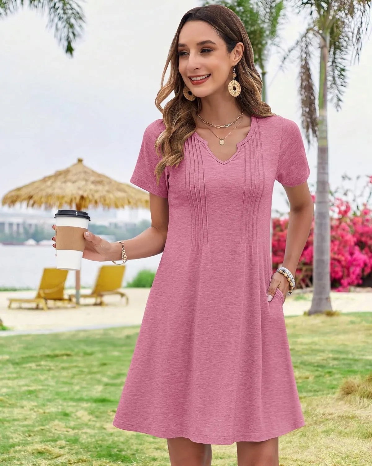 MOLERANI Women's Summer Dress 2025 Casual T-Shirt Pleated Short Sleeve Beach Sundress Travel Vacation Outfit