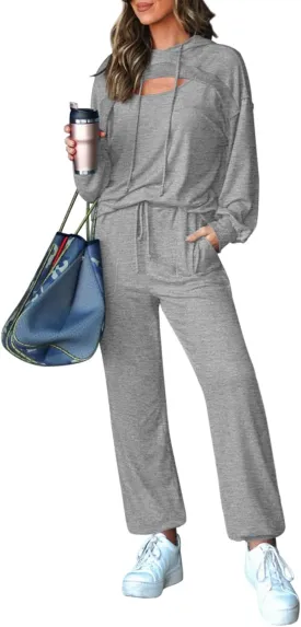 Pink Queen Womens 2 Piece Sweatsuit Outfits Long Sleeve Cutout Hoodies and Drawstring Pants Tracksuit Lounge Set with Pockets