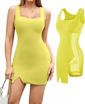 Popilush Cocktail Dresses for Women Built in Shapewear Bra 8 in 1 Square Neck Mini Slit Bodycon Summer Dress