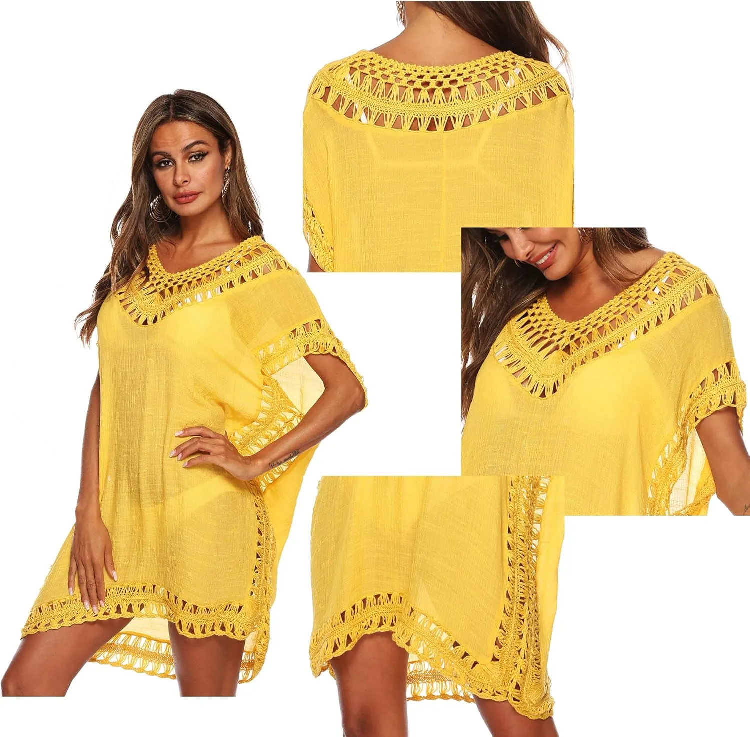 SIAEAMRG Swimsuit Cover Ups for Women, V Neck Hollow Out Swim Coverup Crochet Chiffon Summer Beach Cover Up Dress