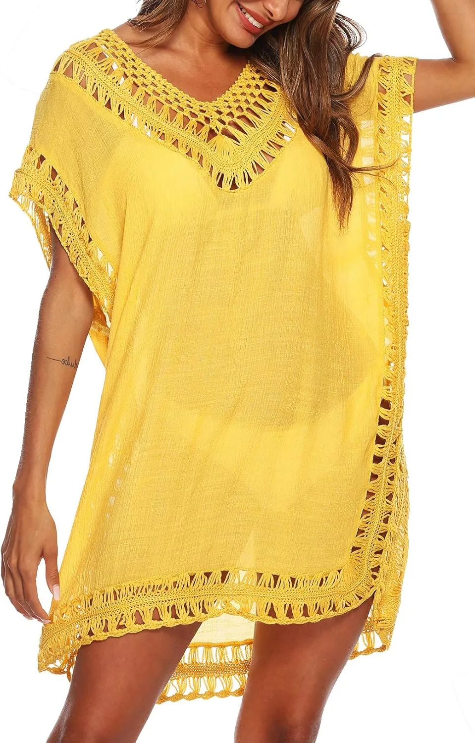 SIAEAMRG Swimsuit Cover Ups for Women, V Neck Hollow Out Swim Coverup Crochet Chiffon Summer Beach Cover Up Dress