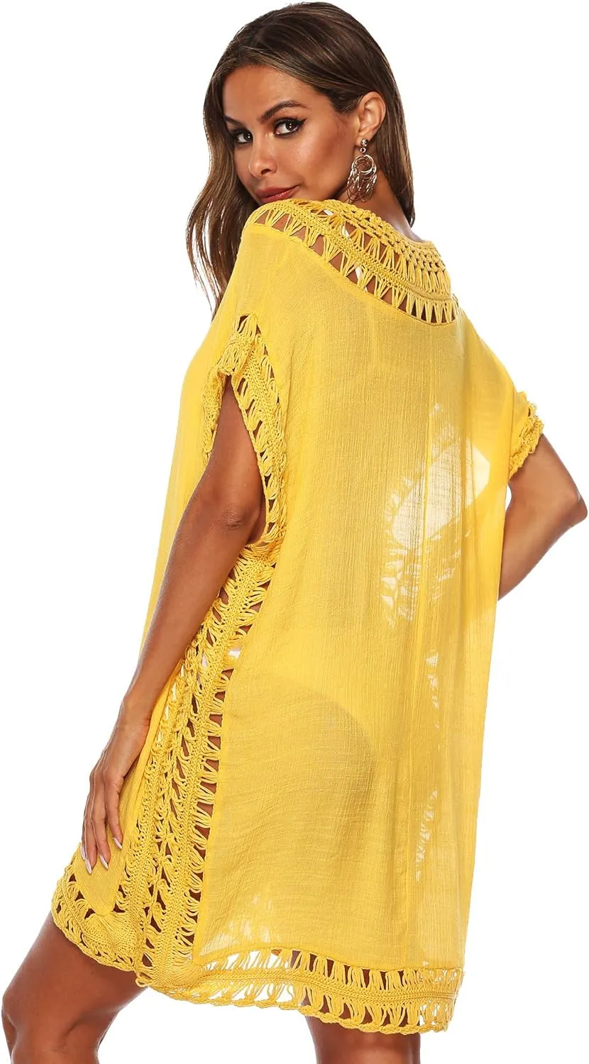 SIAEAMRG Swimsuit Cover Ups for Women, V Neck Hollow Out Swim Coverup Crochet Chiffon Summer Beach Cover Up Dress
