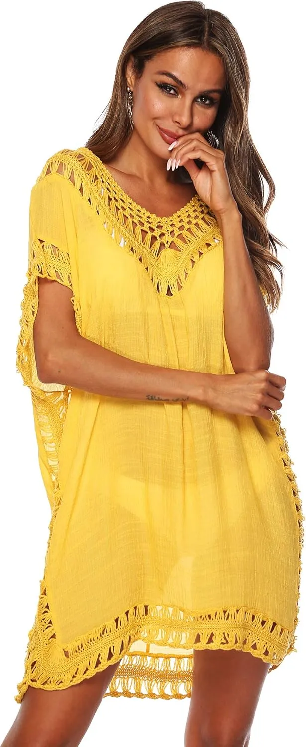 SIAEAMRG Swimsuit Cover Ups for Women, V Neck Hollow Out Swim Coverup Crochet Chiffon Summer Beach Cover Up Dress