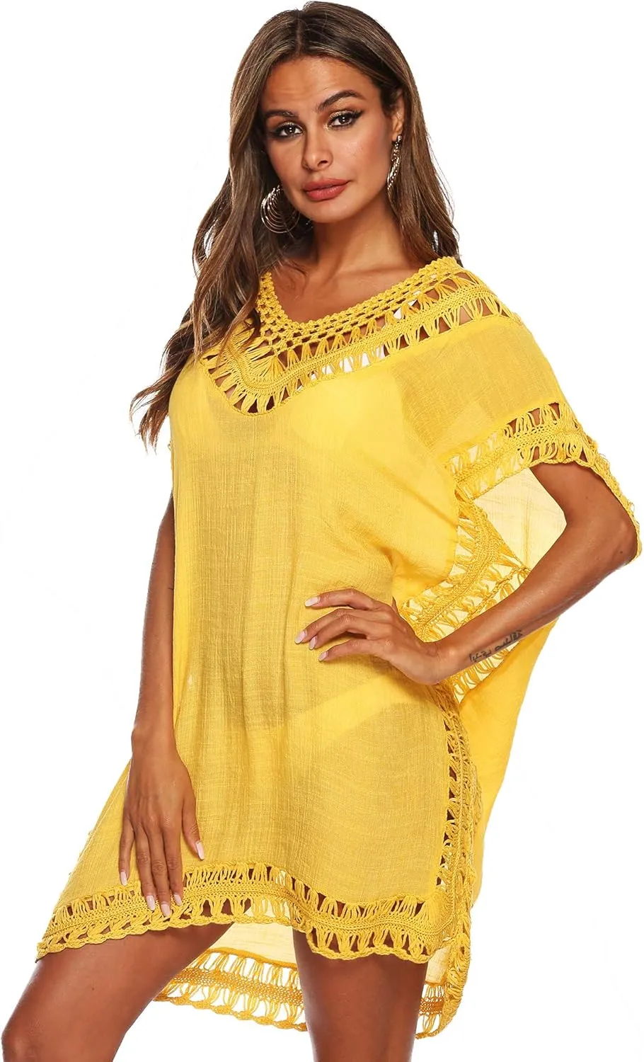 SIAEAMRG Swimsuit Cover Ups for Women, V Neck Hollow Out Swim Coverup Crochet Chiffon Summer Beach Cover Up Dress