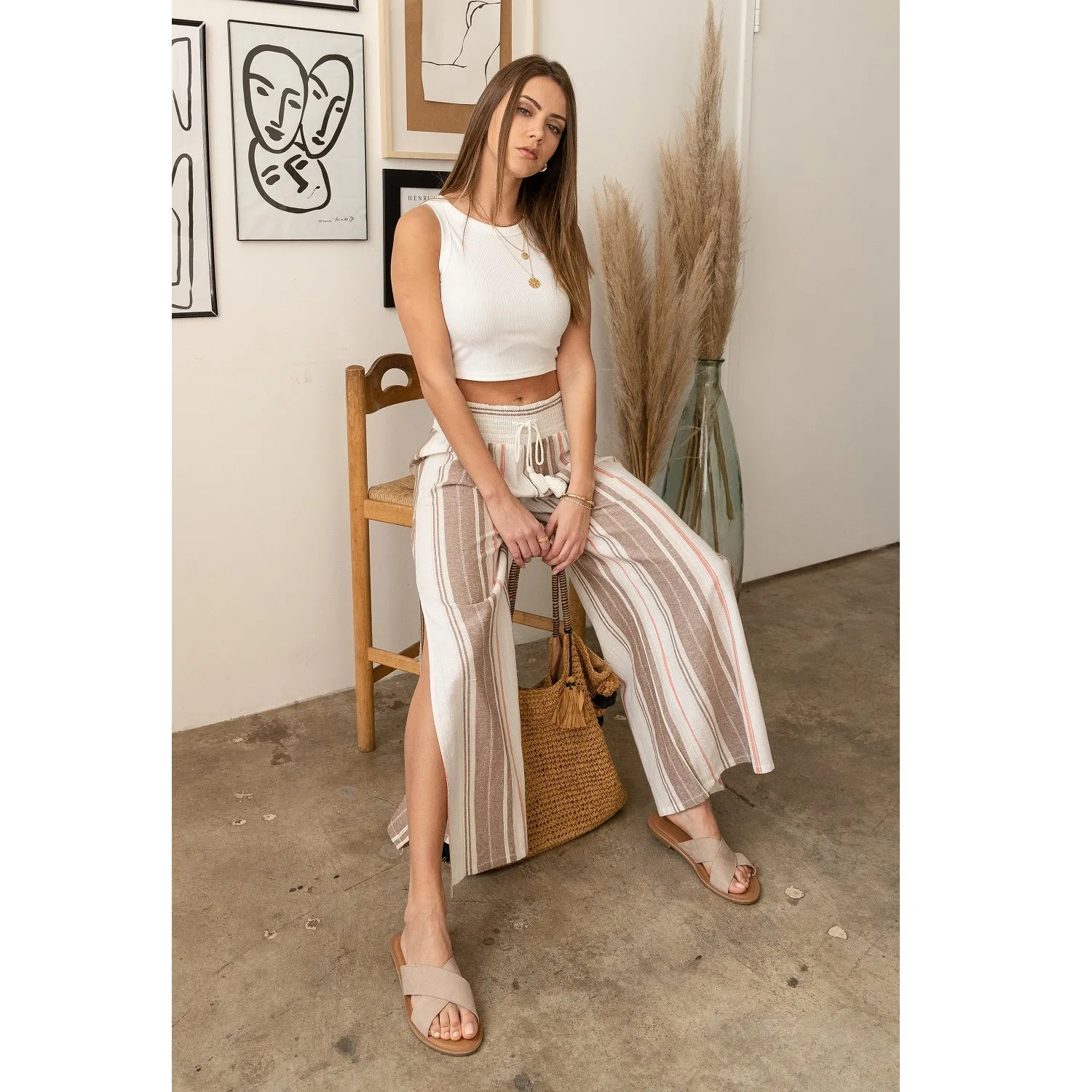 Smocked Waist Side Slit Wide Cut Linen Pants
