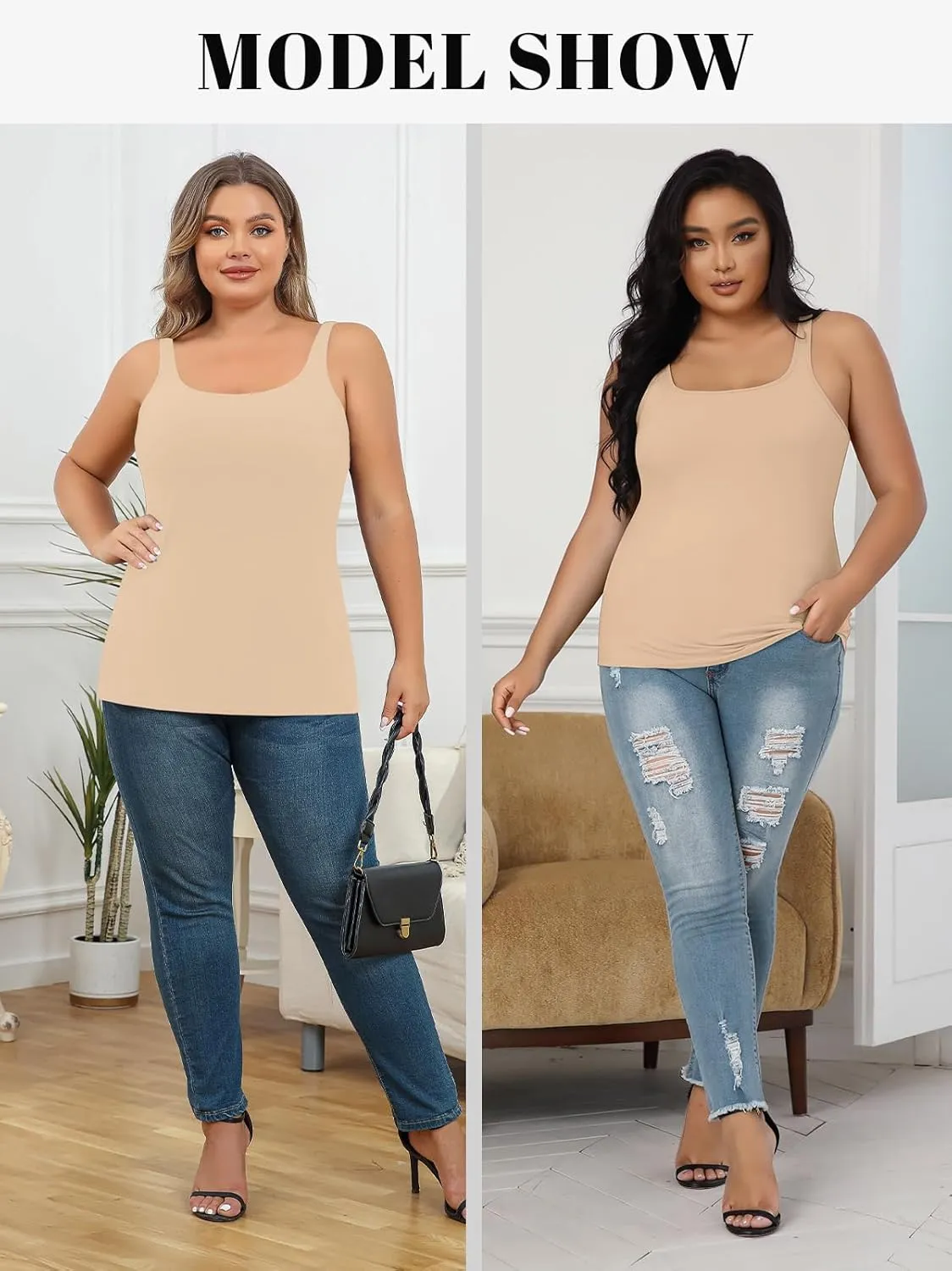 V FOR CITY Plus Size Tank Top for Women with Shelf Bra Adjustable Wide Strap Camisole Summer Basic Cotton Udershirts 1X-5X