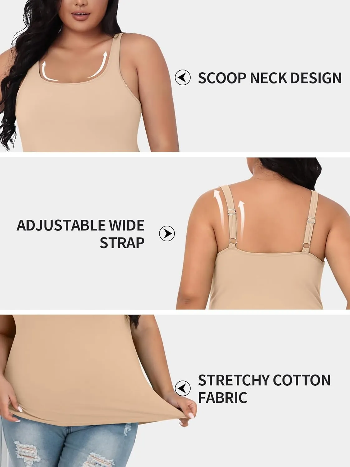 V FOR CITY Plus Size Tank Top for Women with Shelf Bra Adjustable Wide Strap Camisole Summer Basic Cotton Udershirts 1X-5X