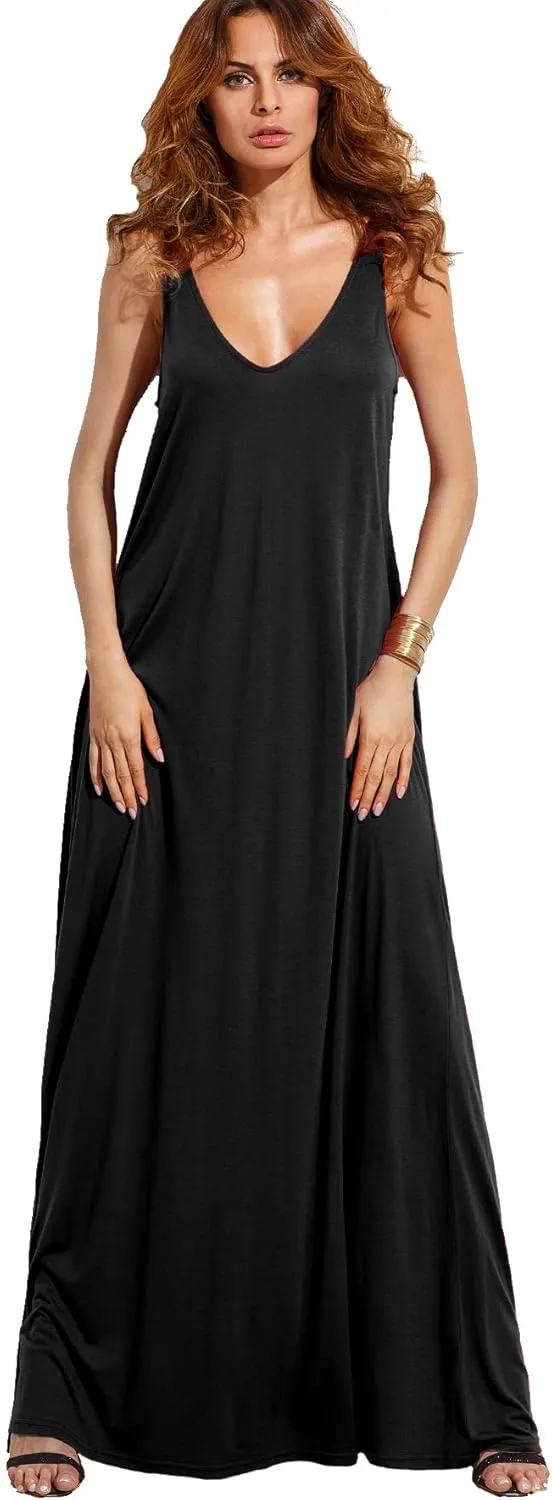 Verdusa Women's Casual Sleeveless Deep V Neck Summer Beach Maxi Long Dress