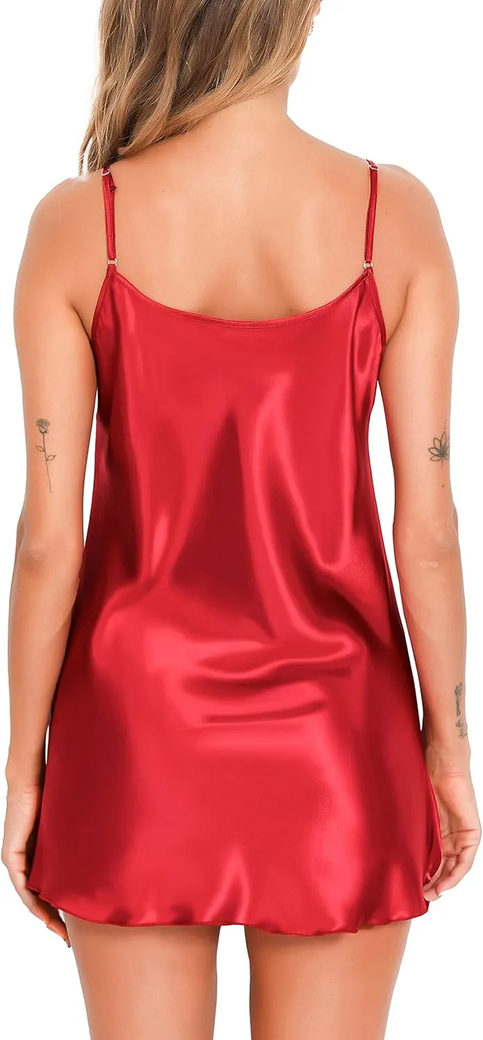 Vlazom Satin Nightshirts Sexy Silk Nightdress Spaghetti Strap Short Negligee Chemise Slip with Deep V Neck