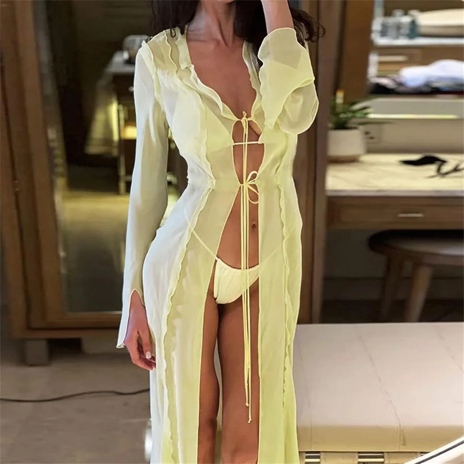 Women Y2k See Through Sheer Mesh Maxi Dress Vintage High Split Bikini Cover Up Dress Aesthetic Bathing Long Dress