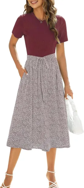 Zattcas Women 2025 Summer Dress Short Sleeve Ribbed Teacher Church Modest Business Casual Work Outfits Midi Dress