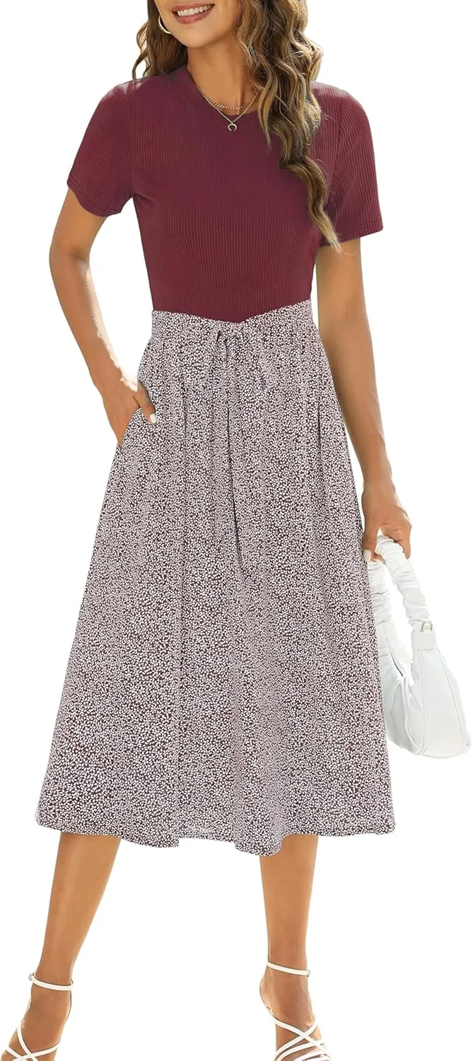 Zattcas Women 2025 Summer Dress Short Sleeve Ribbed Teacher Church Modest Business Casual Work Outfits Midi Dress