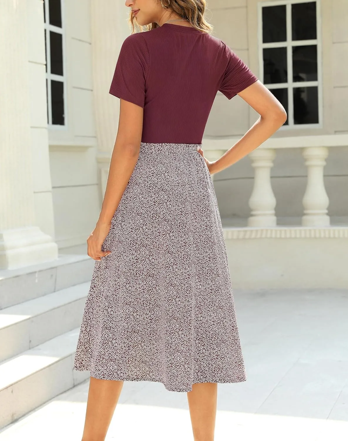 Zattcas Women 2025 Summer Dress Short Sleeve Ribbed Teacher Church Modest Business Casual Work Outfits Midi Dress