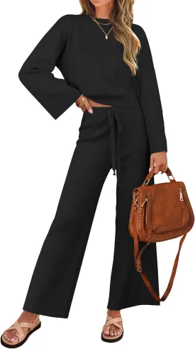 ZESICA Women's 2 Piece Outfits Set Casual Long Sleeve Knit Pullover Top and Wide Leg Pants Sweatsuit Lounge Sets