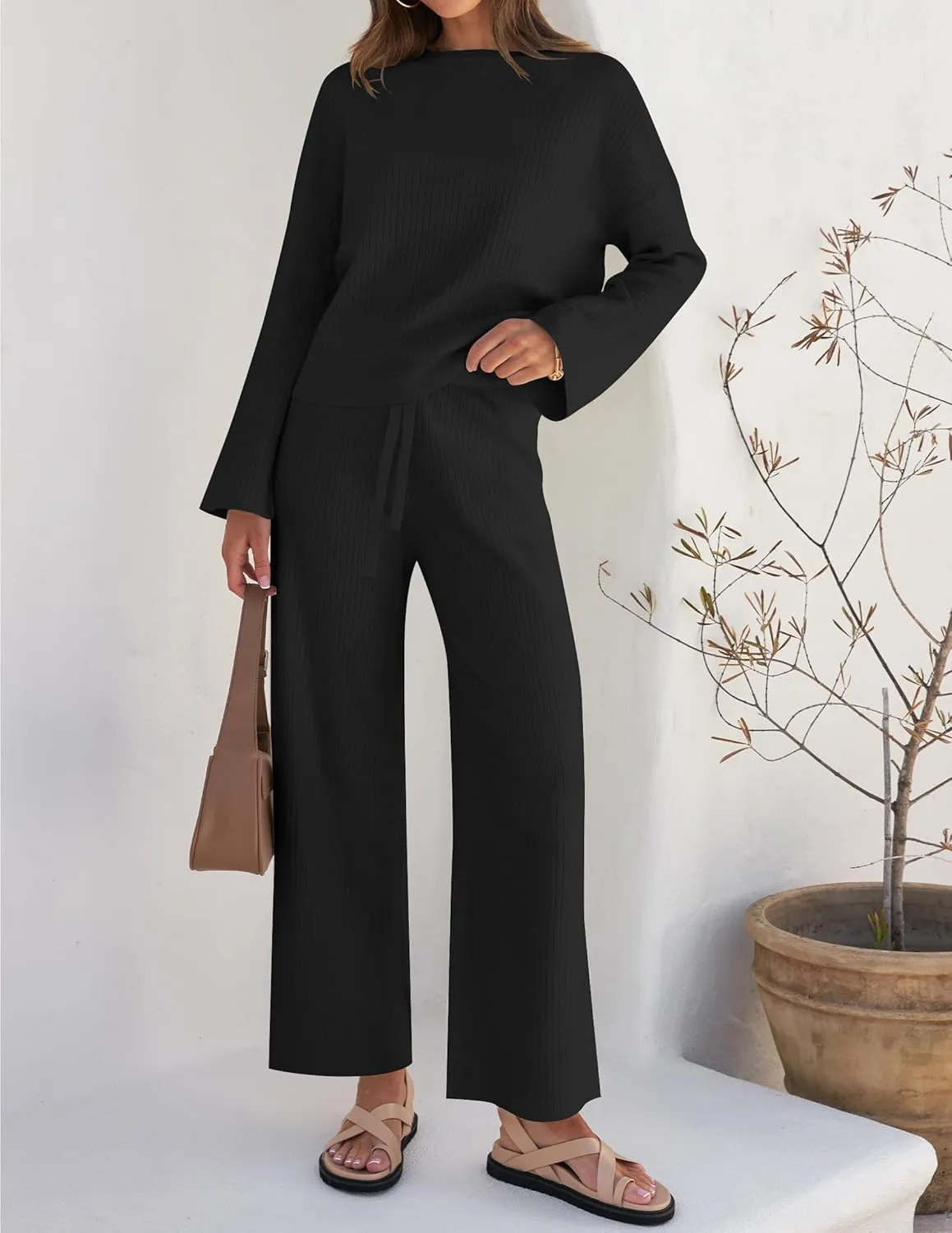 ZESICA Women's 2 Piece Outfits Set Casual Long Sleeve Knit Pullover Top and Wide Leg Pants Sweatsuit Lounge Sets