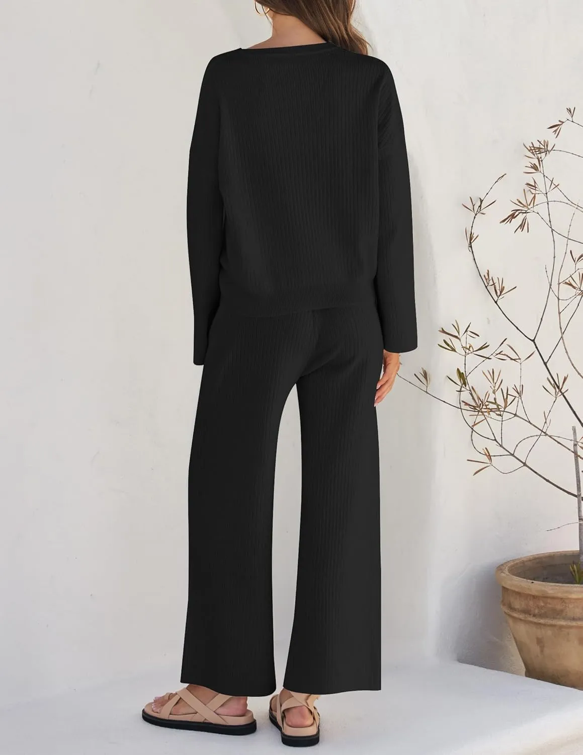 ZESICA Women's 2 Piece Outfits Set Casual Long Sleeve Knit Pullover Top and Wide Leg Pants Sweatsuit Lounge Sets