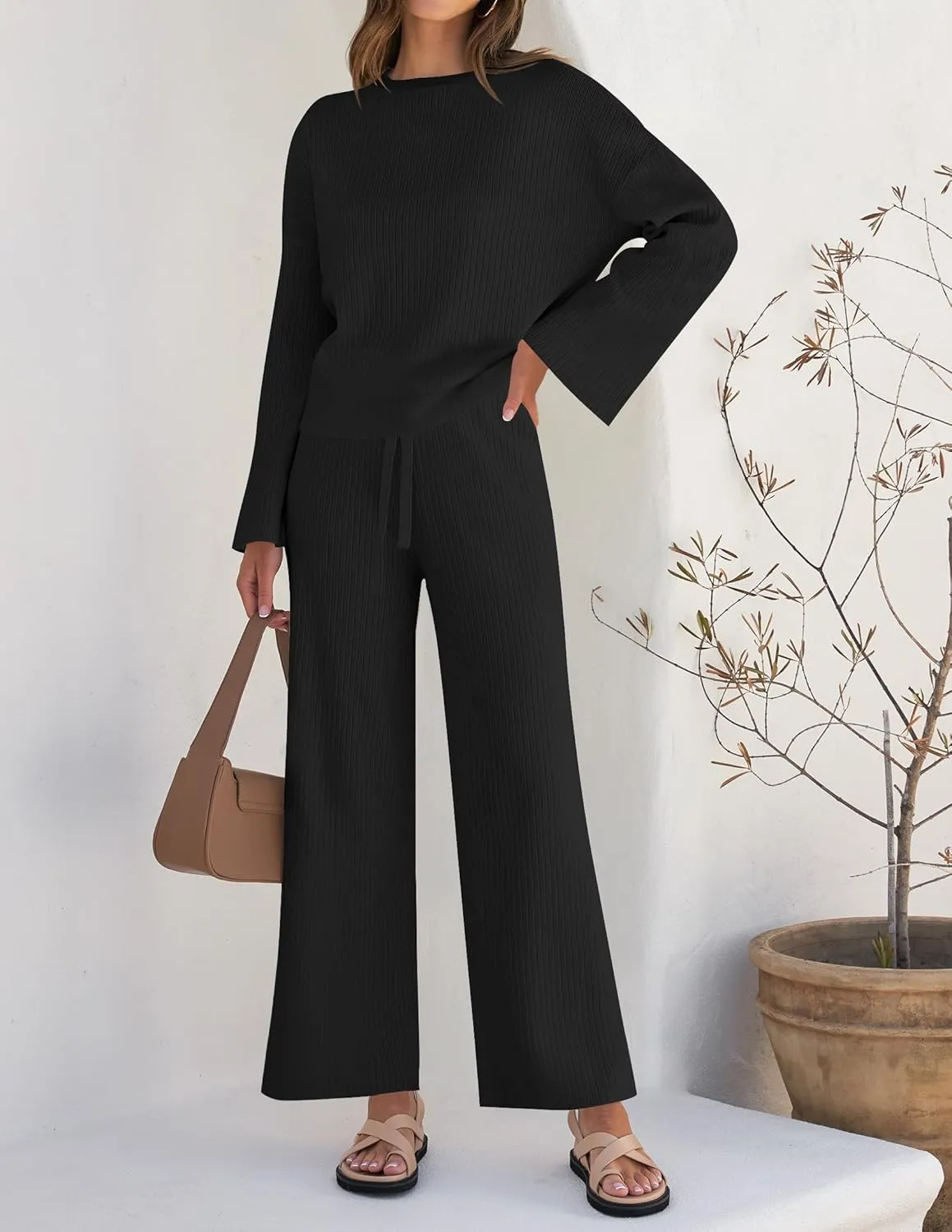 ZESICA Women's 2 Piece Outfits Set Casual Long Sleeve Knit Pullover Top and Wide Leg Pants Sweatsuit Lounge Sets